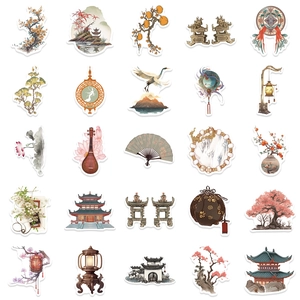 50pcs vintage Chinese style stickers featuring lanterns, cranes, and bamboo for scrapbooking