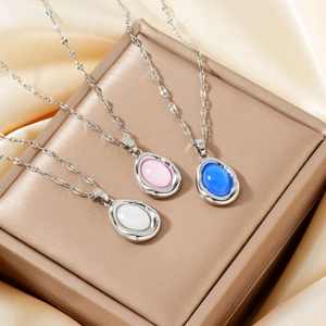 Elegant Oval Gemstone Pendant Necklace Stainless Steel Chain Copper Electroplated Fashion Jewelry For Women Daily Accessory