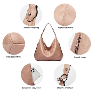 Detailing reinforced sewing, smooth zipper, and high-quality PU leather on a pink hobo bag