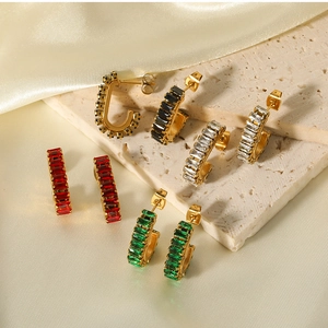 Detailed set of four 18K gold-plated stainless steel earrings with square gemstones