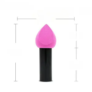 Detail showing dimensions of pink teardrop makeup sponge brush with black handle
