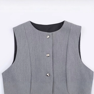 Women's grey crepe textured two-piece dress set featuring a vest with metallic buttons