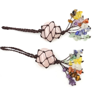 Handcrafted pink quartz heart pendant with woven netting and colorful chakra stone tassels