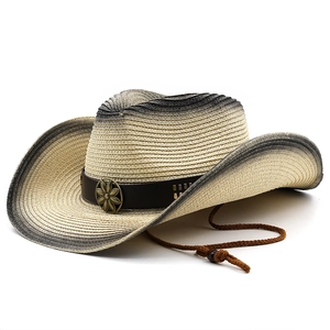 Gradient straw cowboy hat with vintage metal buckle and leather strap on white background