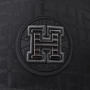 Black baseball cap featuring H embroidery and classic checkered pattern texture