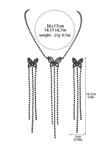 Detailed size specifications for black butterfly pendant necklace and long fringe earrings