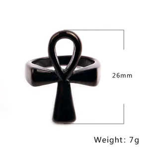 Black stainless steel Ankh cross ring for men and women, 26mm height minimalist jewelry