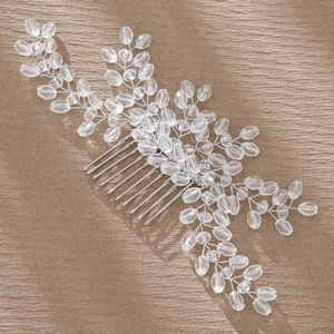 Elegant bridal hair comb with handmade silver wire leaf vine and crystal pearls