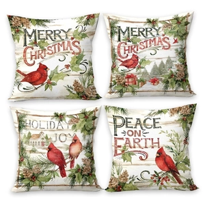Juego de 4 fundas de cojín navideñas con cardenales rojos y diseños festivos de invierno