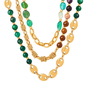French layered necklace set featuring natural stone beads and golden pig nose chain