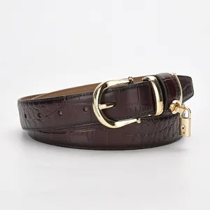 Deep brown crocodile embossed leather belt for women with gold oval buckle and padlock charm