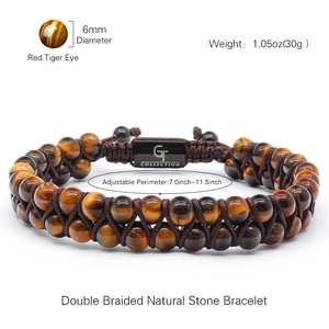 Bracelet double couche en œil de tigre rouge 6mm avec cordon réglable et étiquette en métal