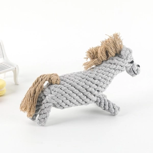Detailed texture of horse-shaped hand-woven cotton rope dog chew toy for dental cleaning