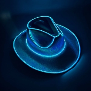 Detail of blue LED EL wire glowing on black textured western style cowboy party hat