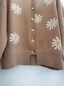 Close-up of camel knit cardigan showing daisy embroidery and tortoise buttons
