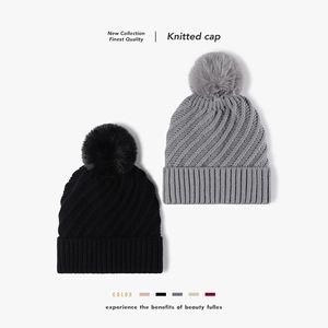 Women Winter Beanie Hat Knitted Acrylic Faux Fur Pom Pom Fleece Lined Warm Outdoor Thick Spiral Pattern Accessory
