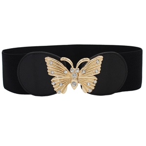 Elastic wide belt for women featuring a gold butterfly buckle with sparkling rhinestones