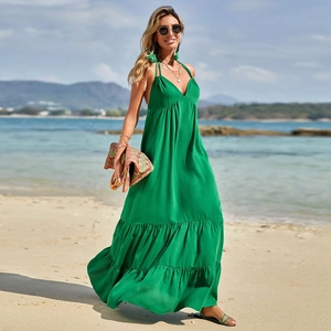 Backless Halter Neck Maxi Dress For Women Summer Beach Vacation Sexy Deep V Neck Tiered Green Polyester