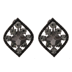 Dark style rhombus leaf stud earrings with black crystals and grey center stone
