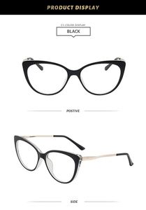 Front and side views of vintage cat-eye glasses with black frames and metal temples
