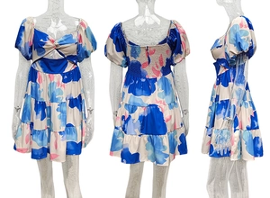 Trois vues de la robe fleurie avec col en V, manches bouffantes et découpe à la taille