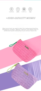 Quilted Matelasse cosmetic bag with green handle in pink and purple pastel colors