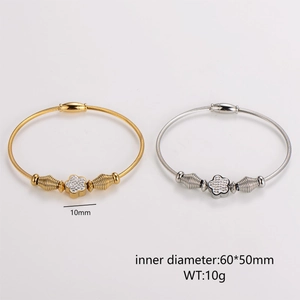 Gold and silver stainless steel wire bangle with 10mm flower rhinestone magnetic closure