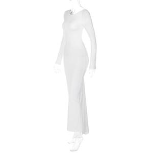 Detail of elegant white long-sleeve backless maxi dress with pleated texture on mannequin