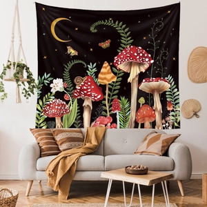 Forest mushroom tapestry with crescent moon and stars hanging above a sofa for room decor