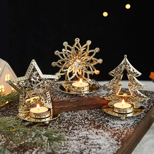 Christmas Gold Metal Tealight Candle Holder Hollow Snowflake Star Tree Tabletop Decorative Festive Atmosphere Ornament