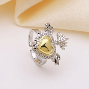 Bicolor-Ring mit goldenem Herz, Zirkonia-Flügeln und verstellbarem Silberband