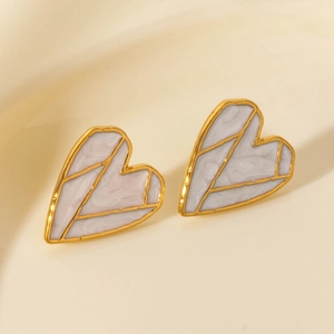304 stainless steel heart stud earrings with gold trim and white marble texture