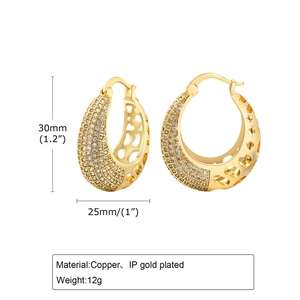 Detail view of 30mm gold plated hollow zircon earrings with dimensions and weight info