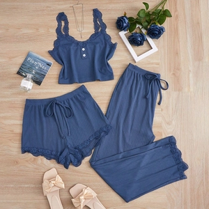 Three-piece women's ribbed sleepwear set with lace trim in soft dusty blue color