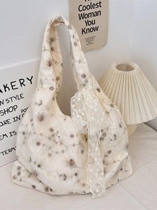 Women Shoulder Tote Bag Flower Embroidery Gauze Lace Bow Large Capacity French Vintage Korean Style Commute Handbag