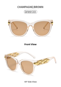 Detail view of champagne frames and brown lenses with gold lattice pattern on temple arms