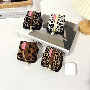 Retro leopard print corduroy earphone pouch set with faux pearl charm and zipper