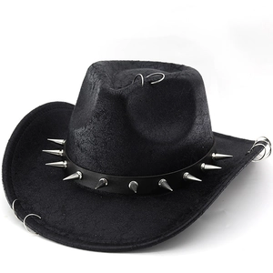 Black punk western cowboy hat with silver metal studs and rings on white background