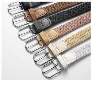 Selection of elastic woven belts in various colors with metal pin buckles and PU leather ends