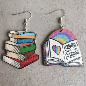 Wooden Book Earrings Rainbow Heart Libraries Are For Everyone Cute Fashion Jewelry For Teacher Student