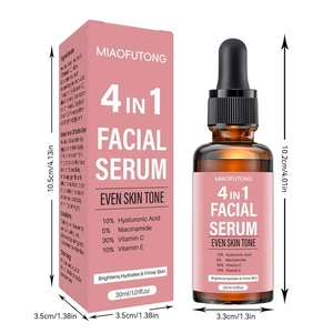 Detailed view of 30ml serum bottle and box dimensions for face brightening serum