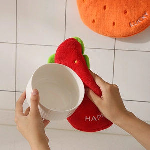 Red strawberry coral fleece kitchen towel with hanging loop for drying hands