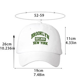 White cotton Brooklyn New York baseball cap with green embroidery and size measurements