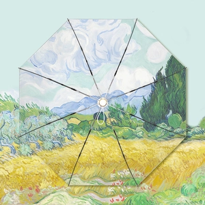 Top view of automatic umbrella featuring Van Gogh Wheat Field with Cypresses oil painting