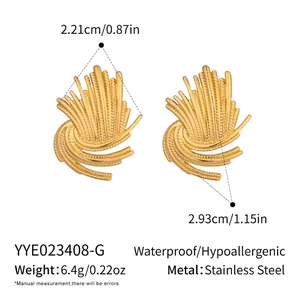 Detail showing vintage gold fan-shaped texture earrings with measurements and dimensions