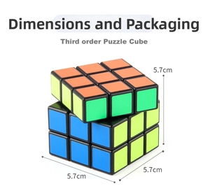 Close-up of a 5.7cm smooth educational 3x3 speed cube showing dimensions and rotating parts