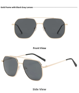 Front and side view of gold metal frame sunglasses with dark grey polarized lenses