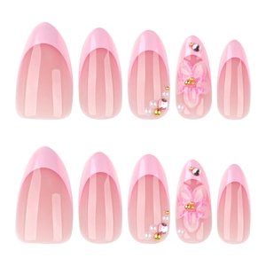 Pink 3D flower press-on nails with almond shape, pearls, and French pearl finish