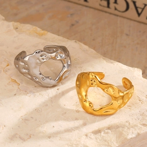 Irregular hammered 18K gold and silver plated stainless steel heart open rings