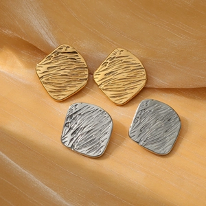 Geometric Square Stud Earrings Stainless Steel 18K Gold Plated Hammered Wrinkled Texture Vintage Minimalist For Women